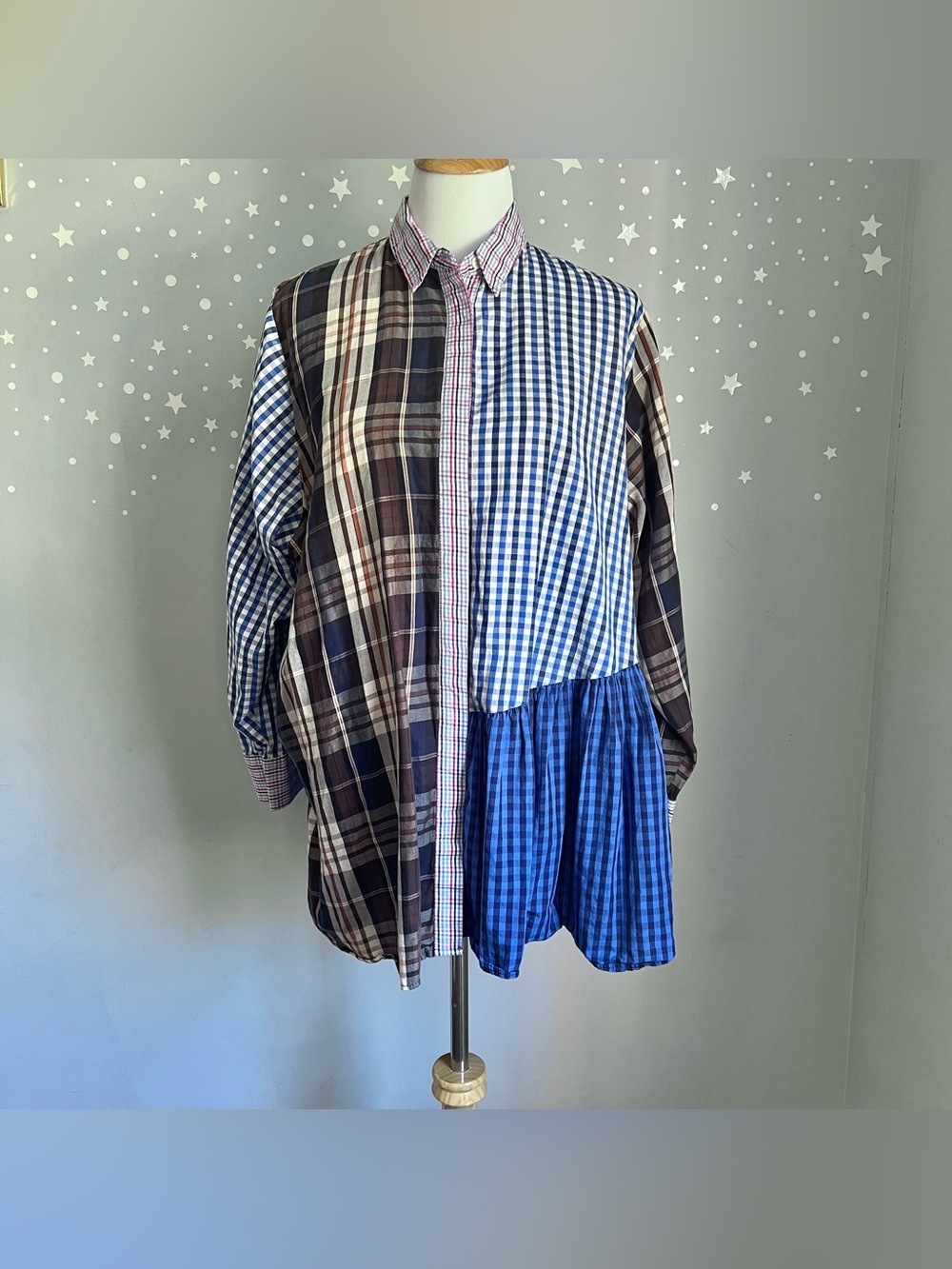 Zara Woman Checked Patchwork Shirt Dress Blue Plaid Oversized Cotton Size L
